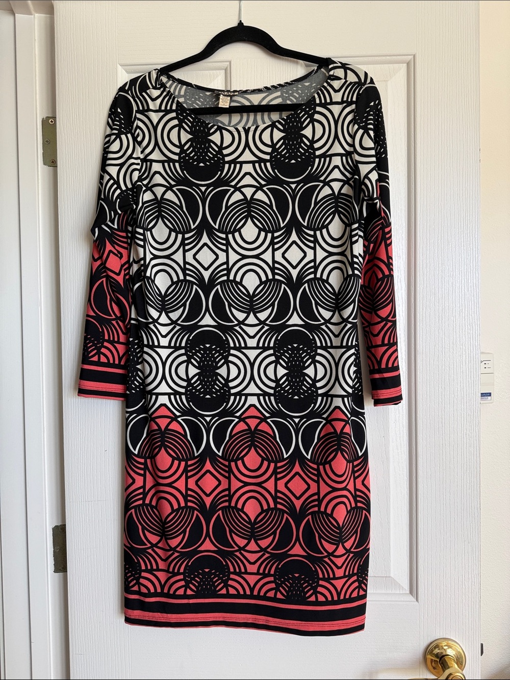 Haani Black & Coral Pink Geometric Long Sleeve Shift Dress